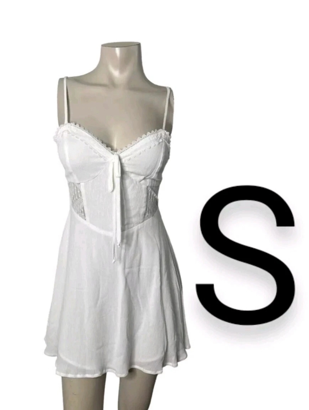 🆕White Cami Babydoll Lace Mesh Front Bust Tie Summer Mini Dress~Size S